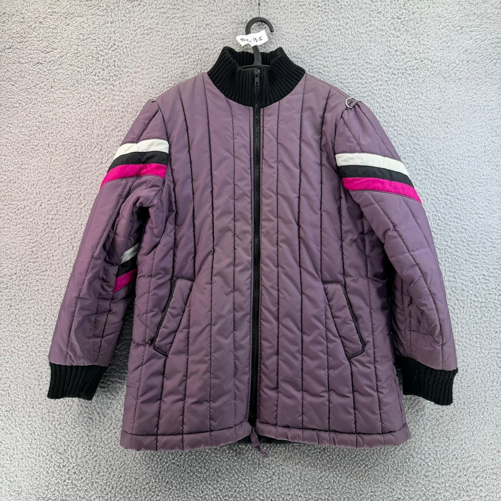 Snow Weather VTG Purple Quilted Puffer Jacket Colorblock Stripe Women M 15 1/2